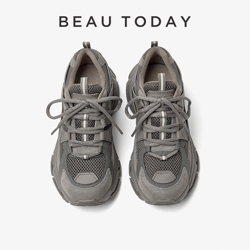 BeauToday显脚小灰色老爹鞋女夏款美式厚底鞋女运动休闲鞋跑步鞋