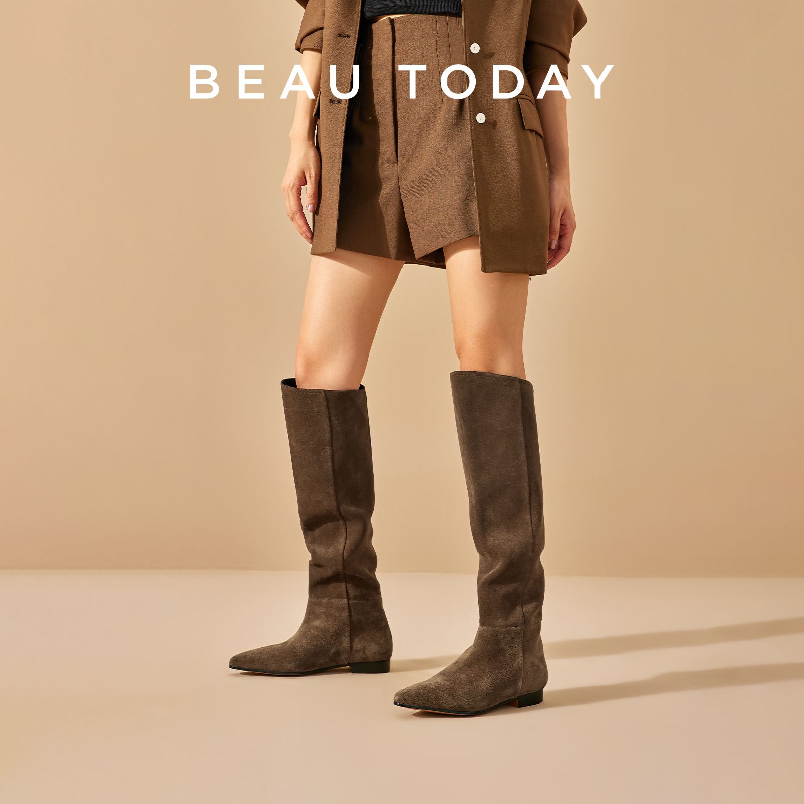 BeauToday真皮长筒靴女春秋款法式平底瘦瘦靴高筒骑士靴