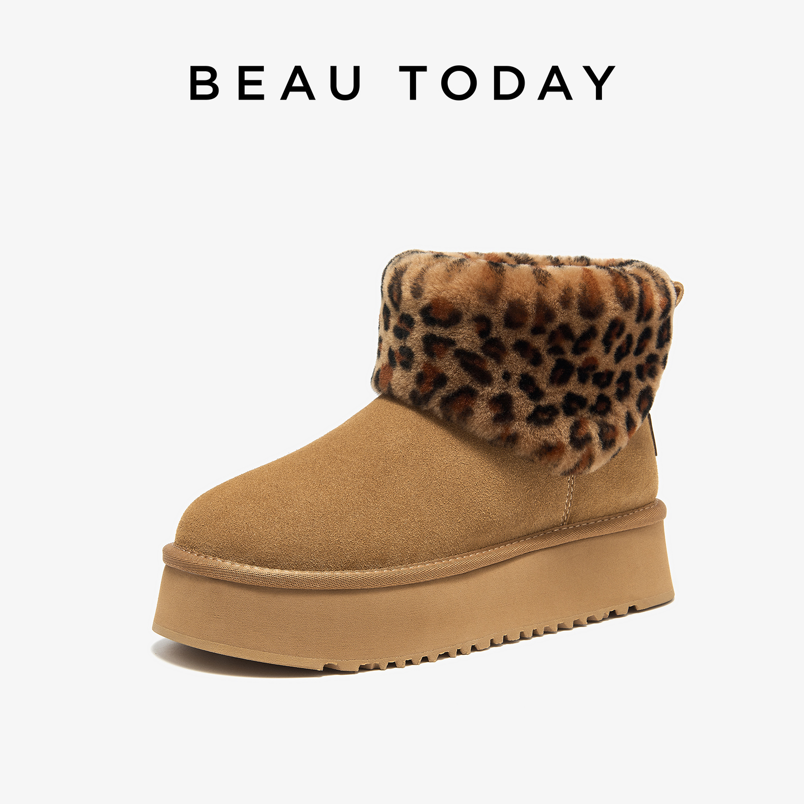BeauToday厚底雪地靴2024新款冬季加绒加厚BT棉鞋增高棉靴短靴子