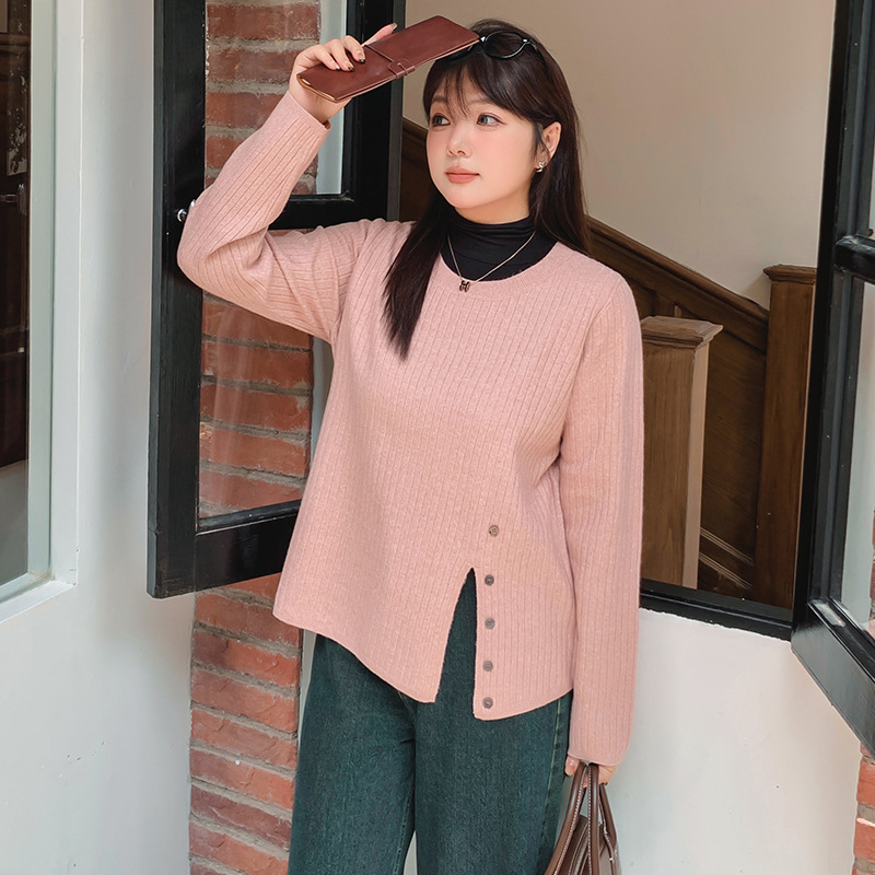 大码女装侧开叉圆领上衣女毛衣2024秋冬胖mm宽松外穿针织衫22656