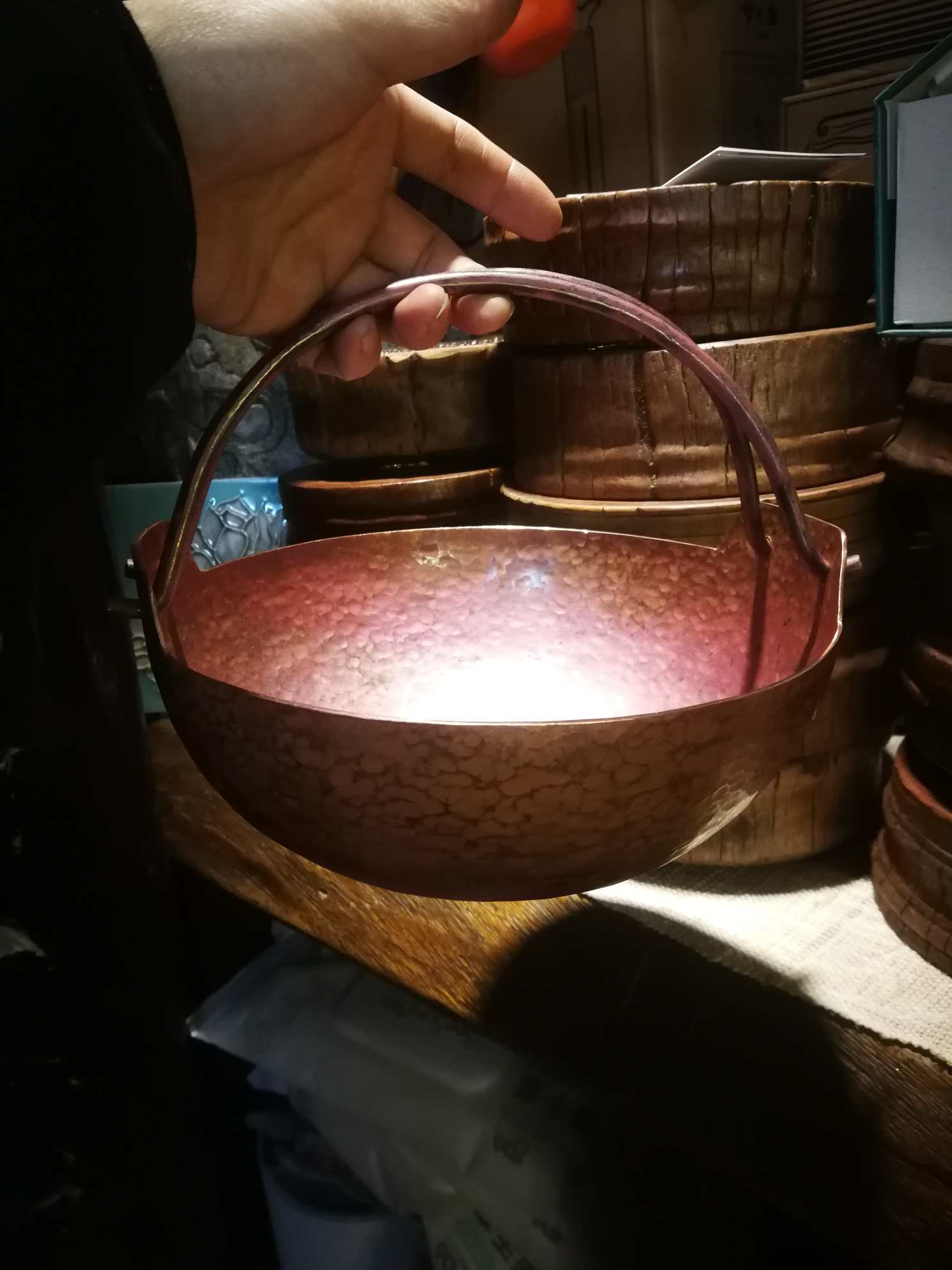 (匠心之作)纯手工锻打紫铜提梁锅口径20