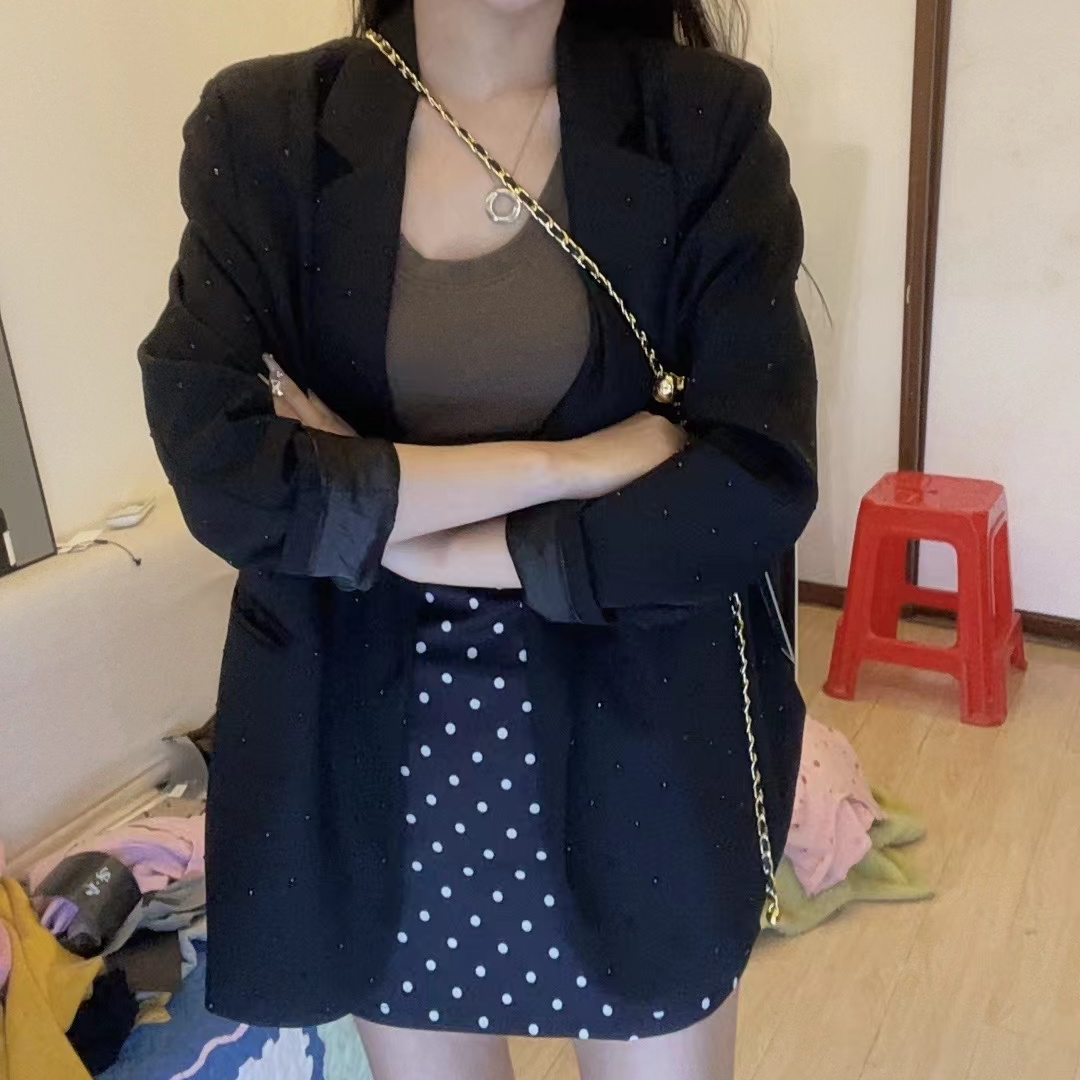 晚古欧 2024春秋款宽松中长版烫钻百搭气质西装外套