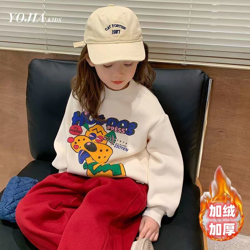 女童棉卫衣2023秋冬款加厚纯色洋气中大童冬季套头上衣宝宝打底