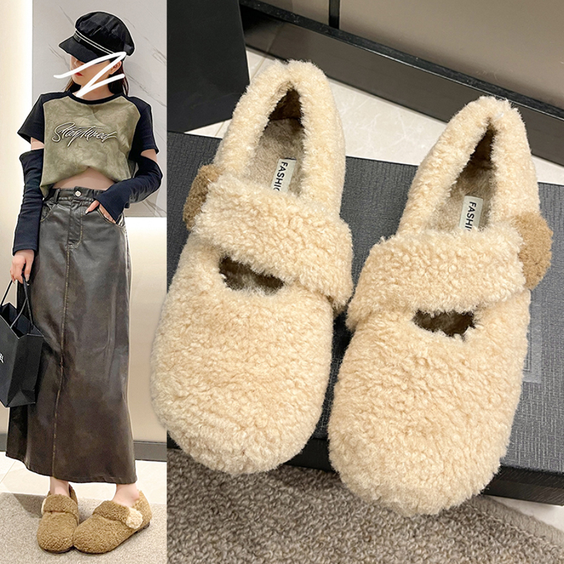 毛毛鞋子女2023秋季新款软底棉鞋平底豆豆鞋外穿毛绒时尚百搭单鞋