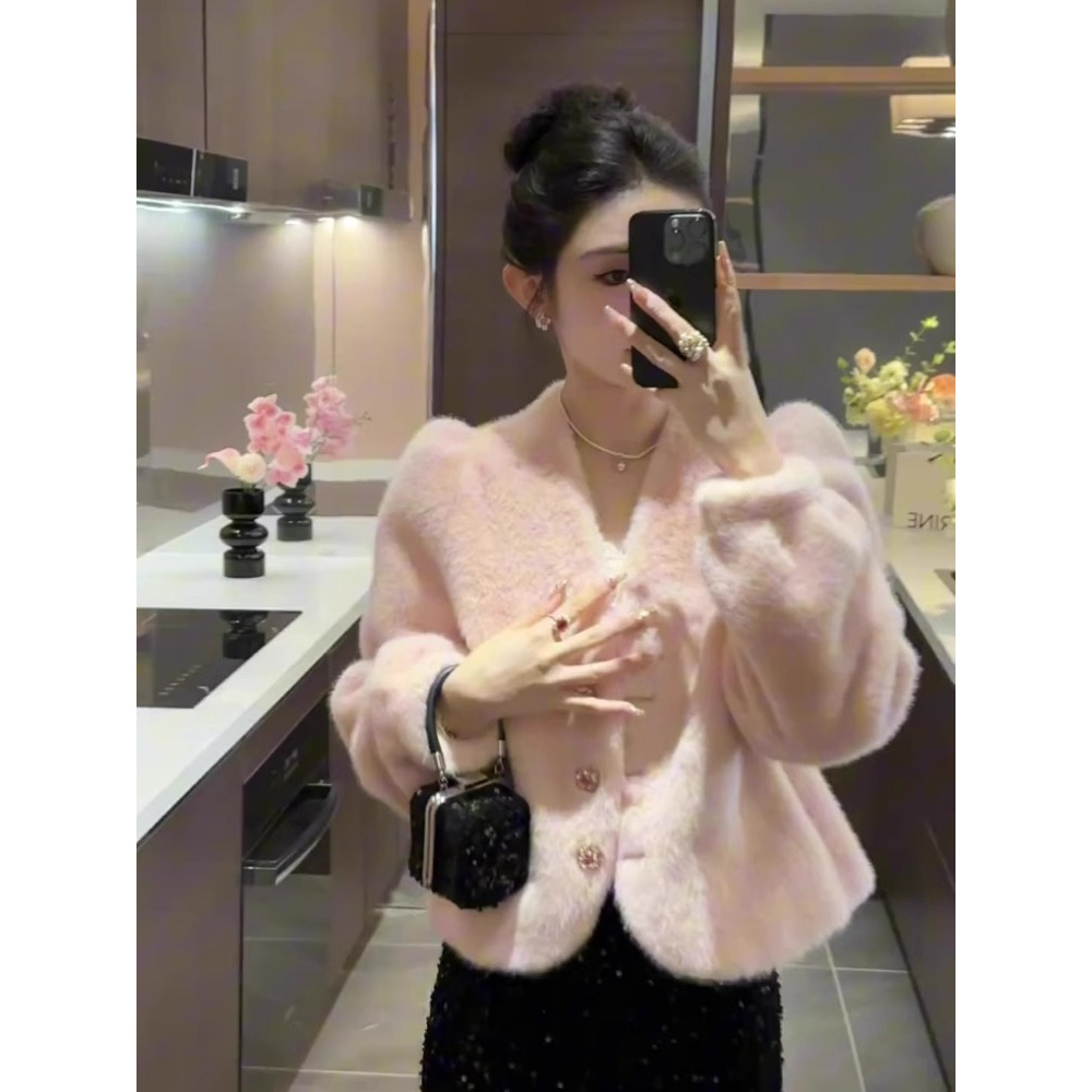 【初冬穿搭】新中式国风女装新款小香风超好看粉色羊羔毛毛绒短外套