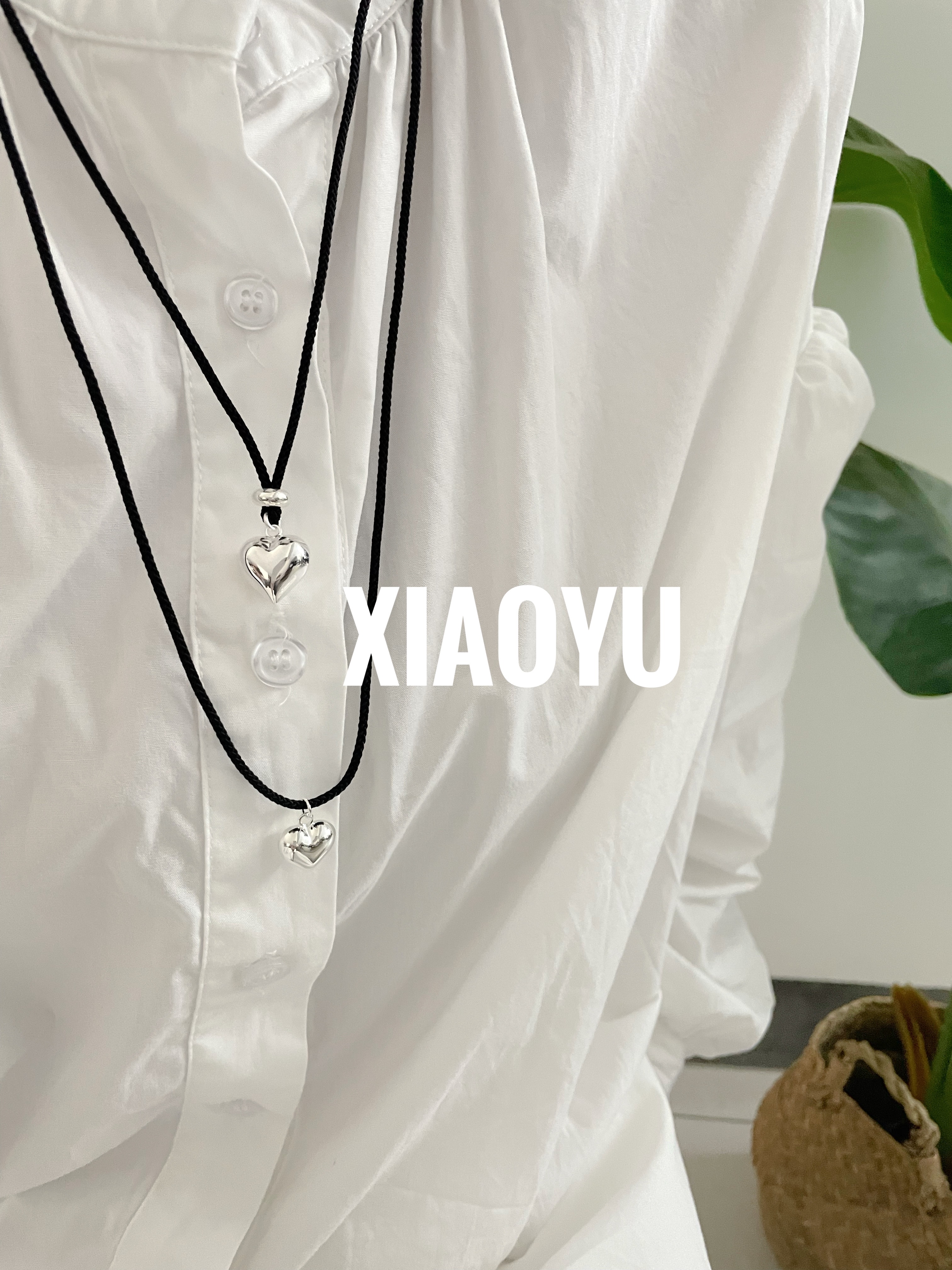 吊坠925银 韩代款手工s925纯银黑绳爱心吊坠链甜酷百搭抽拉圆珠链