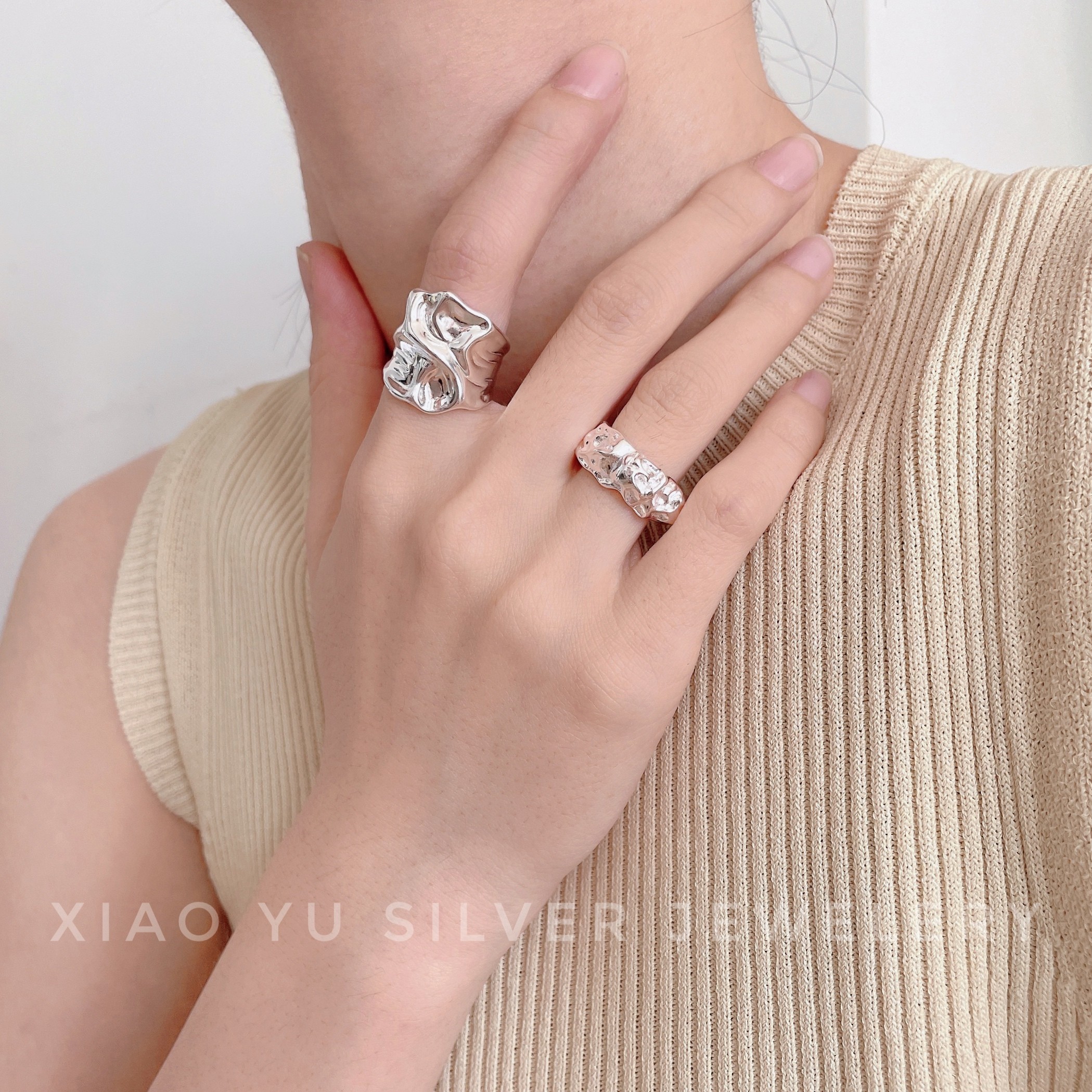 925银戒指 韩单s925纯银东大门亮银不规则凹凸肌理开口戒休闲男女