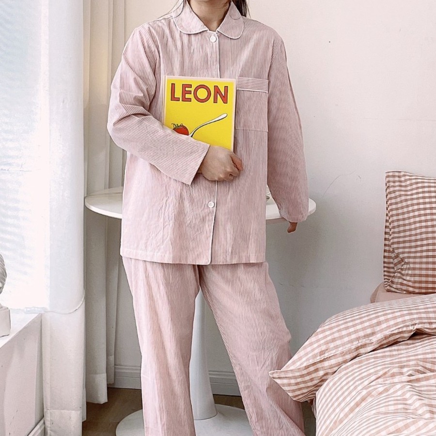 宜色家纯棉条纹宽松休闲长袖长裤情侣简约家居服春夏睡衣女套装