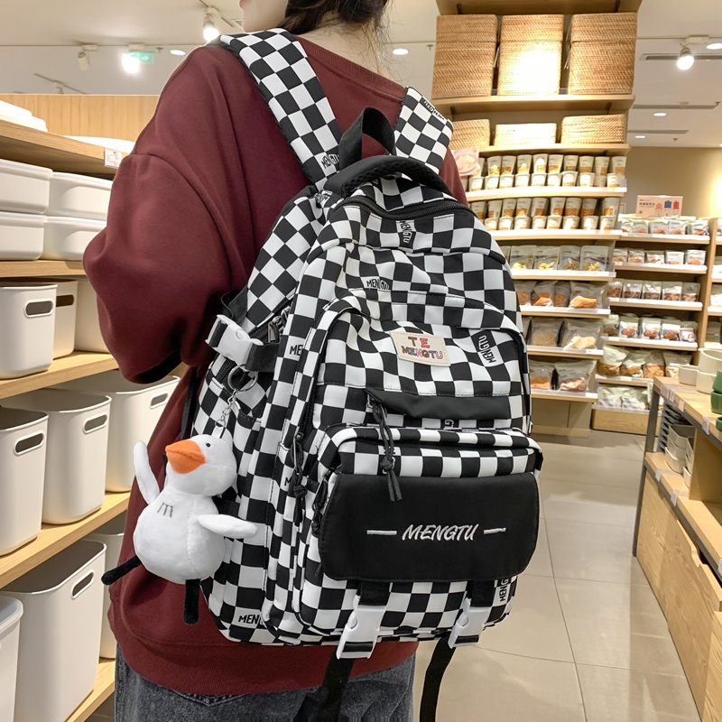 新款初高中女学生大容量书包拼色格子双肩包学生背包出游背包小学