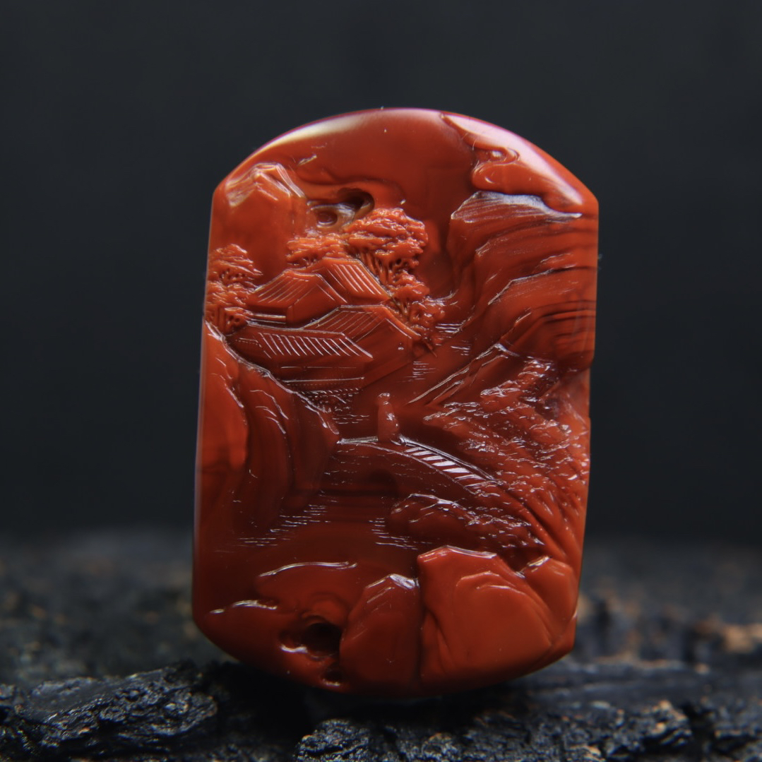 原矿南红牧童指路山水意境挂件