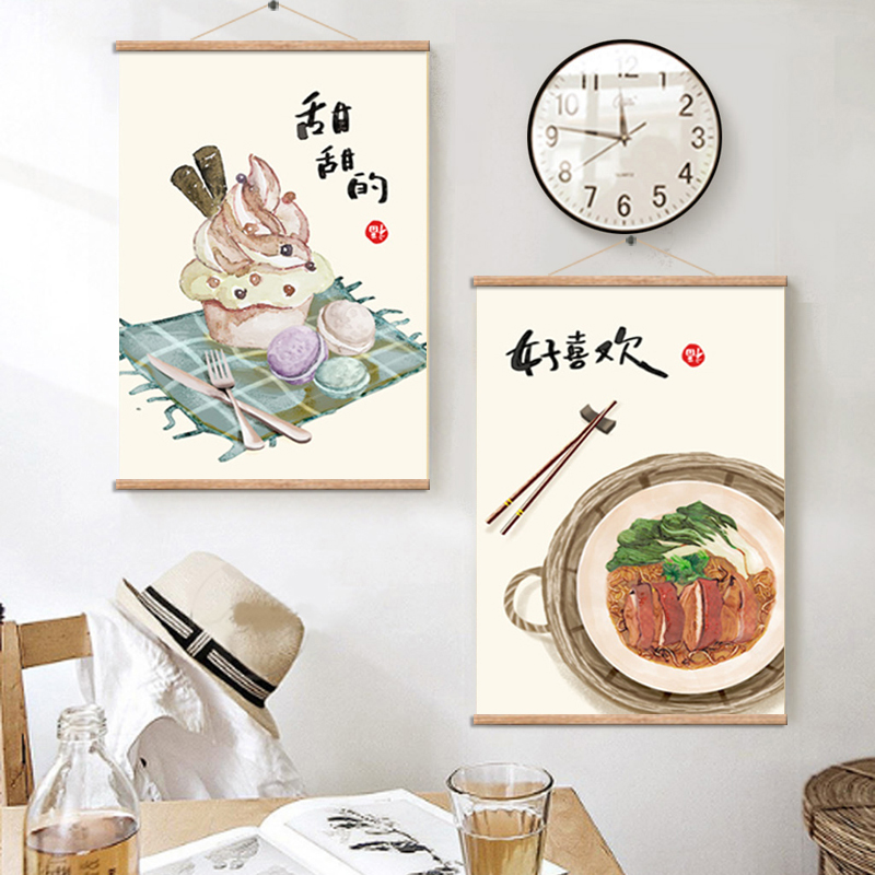 餐厅画装饰画厨房餐饮墙饰壁饰实木挂画木轴油布艺挂画卷轴画家居
