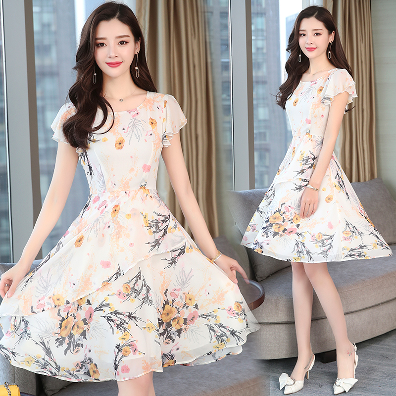 zmdm982法式印花短袖雪纺连衣裙夏新款胖妹妹时尚优雅修身大摆裙