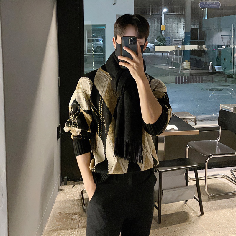 圆领拼色套头针织毛衣男士秋冬季潮牌流宽松慵懒风男款内搭打底衫