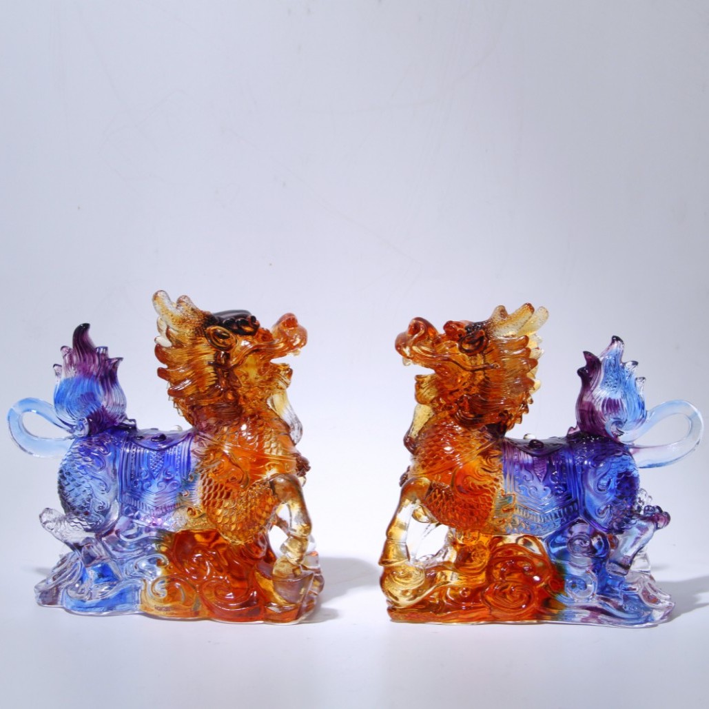 忆品阁古法琉璃麒麟摆件一对家居客厅轻奢乔迁贺礼玄关大号纯手工