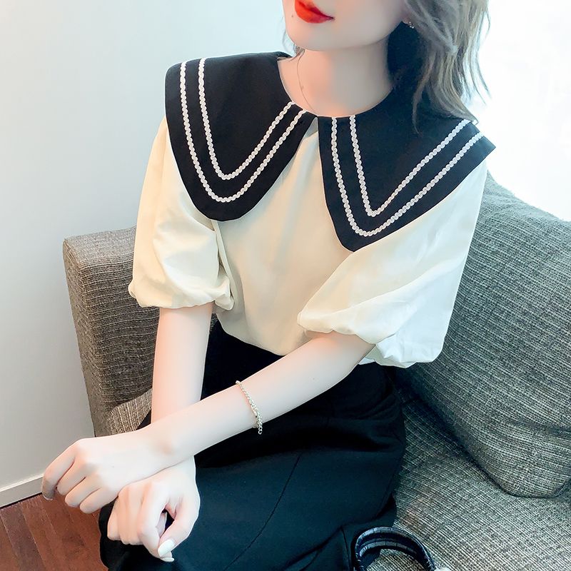 娃娃领上衣时尚甜美撞色衬衣女2024夏季新款气质泡泡短袖宽松衬衫