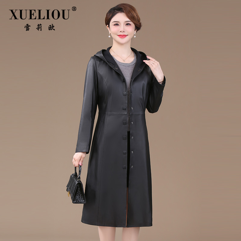 雪莉欧显瘦皮衣女2025新款带帽气质修身妈妈女士风衣外套中长款单