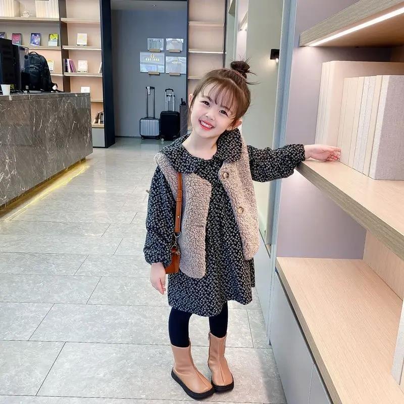 精品童装女童加绒连衣裙套装洋气碎花宝宝马甲裙子2件套新款秋冬
