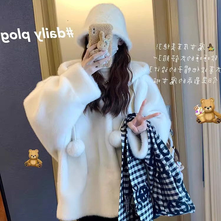 人造皮草 秋季连帽加厚女巫仿水貂毛绒大衣皮毛一体仿皮草外套女