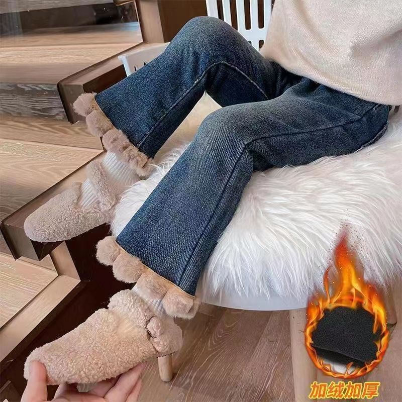 米乐熊童装女童一体绒牛仔裤新款秋冬装女宝宝休闲洋气加绒外穿喇