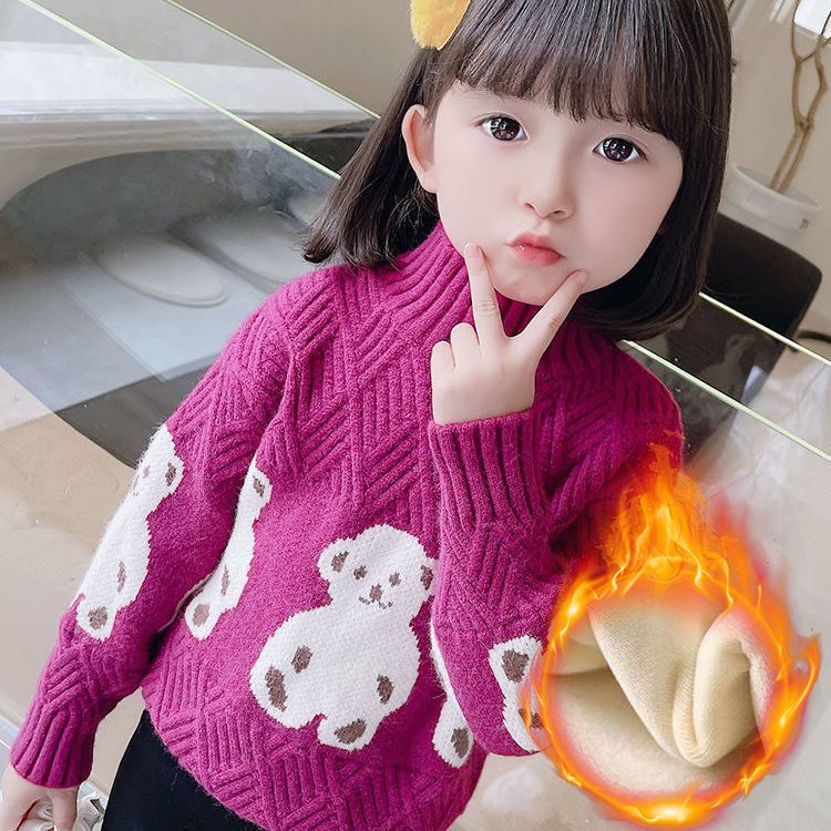 米乐熊童装女童毛衣秋冬装新款中小儿童套头加绒加厚保暖宝宝针织