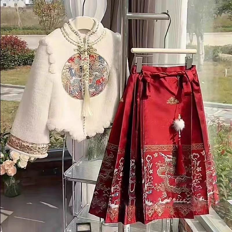 米乐熊童装女童龙凤呈祥中国新款汉服国风马面拜年套装秋冬冬季儿