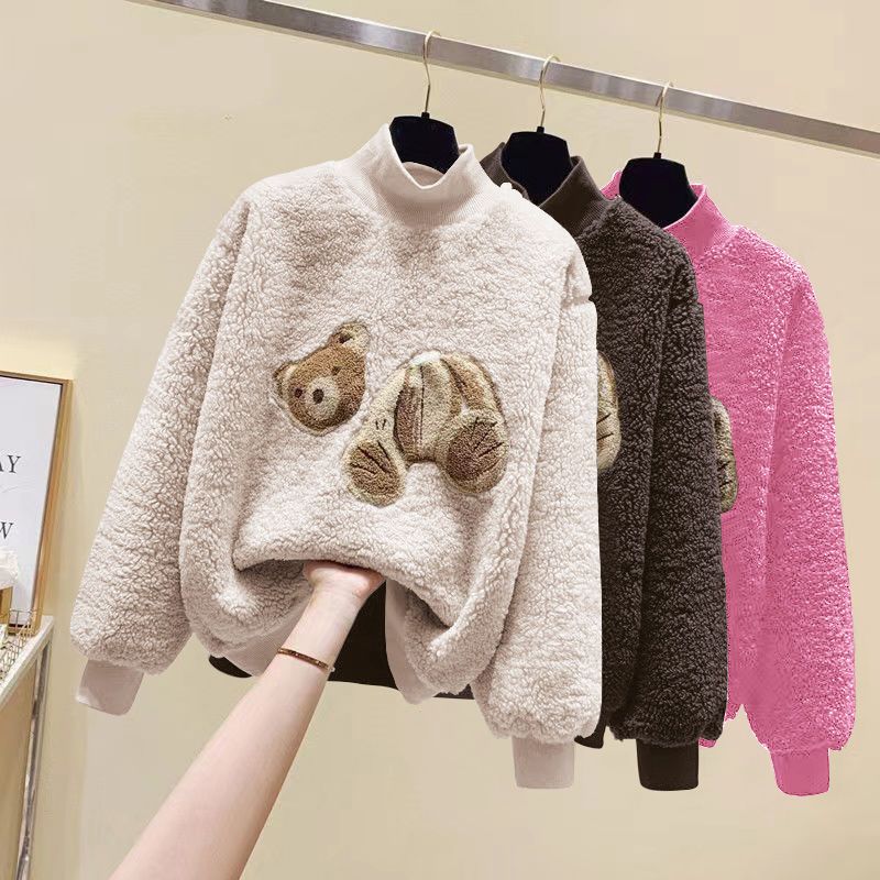 米乐熊童装女童加绒加厚羊羔毛卫衣秋冬刺绣小熊宽松高领保暖中大