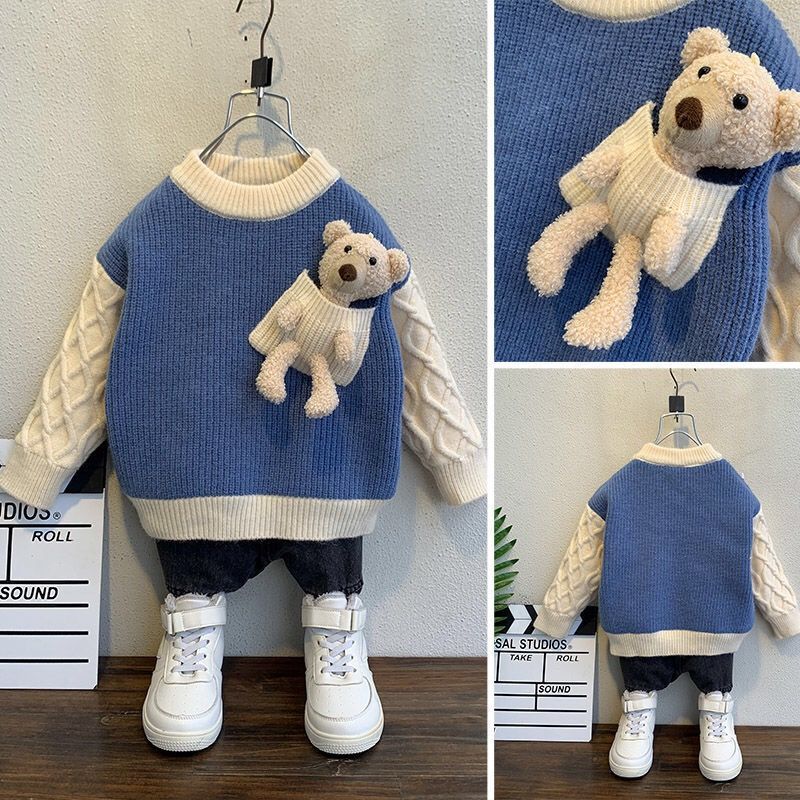 米乐熊童装哆哆童装男童毛衣套头加绒加厚秋冬新款儿童针织衫宝宝