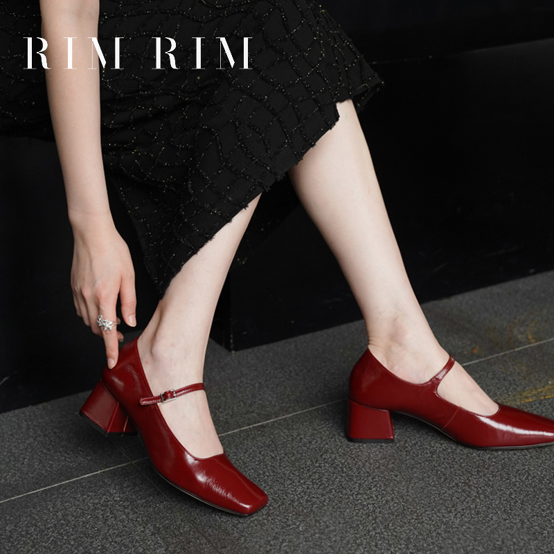 RIM RIM #【经典系列】复古方头一字扣玛丽珍鞋塑型马皮鞋单鞋