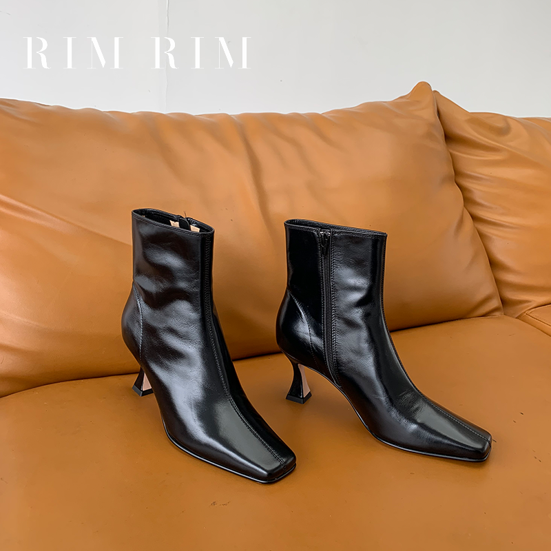 RIM RIM极简高级塑型马皮鞋靴瘦瘦靴方头经典气质大女主高跟短靴