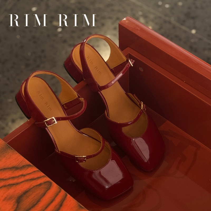 RIM RIM【优雅系列】中跟凉鞋小红鞋优雅镜面牛皮玛丽珍方头单鞋