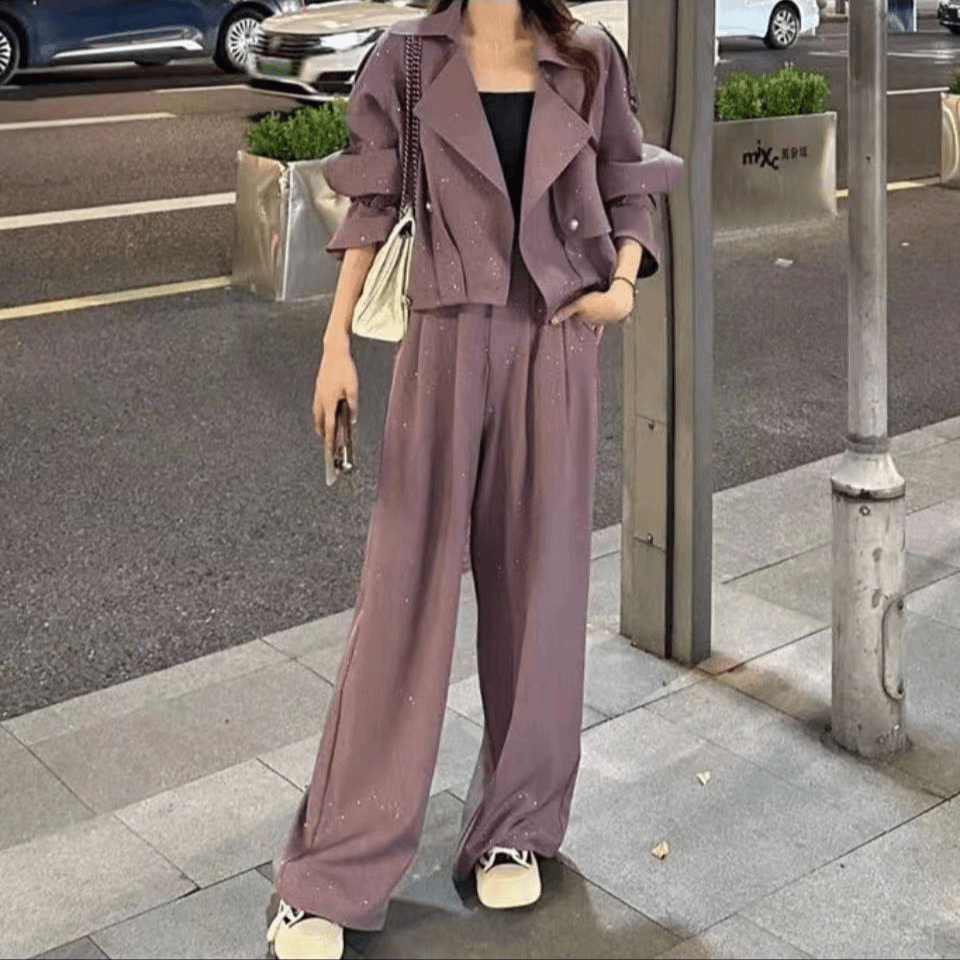 秋季时尚休闲宽松显瘦上衣外套阔腿裤三件套2024新款胖MM遮肉套装