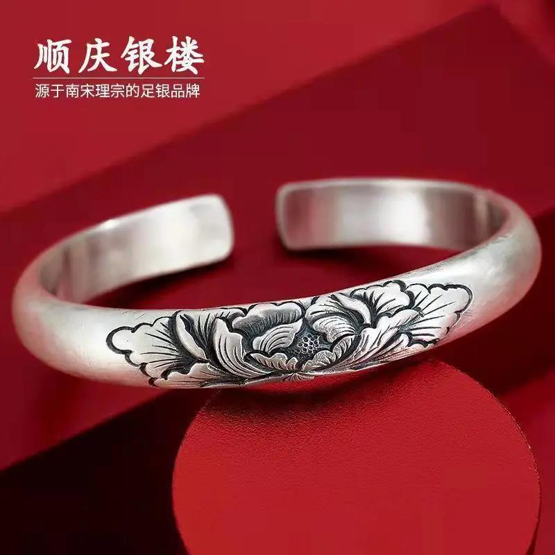 足银手镯 9999纯银牡丹花开口足银手镯纯手工镯子送妈妈首饰礼物