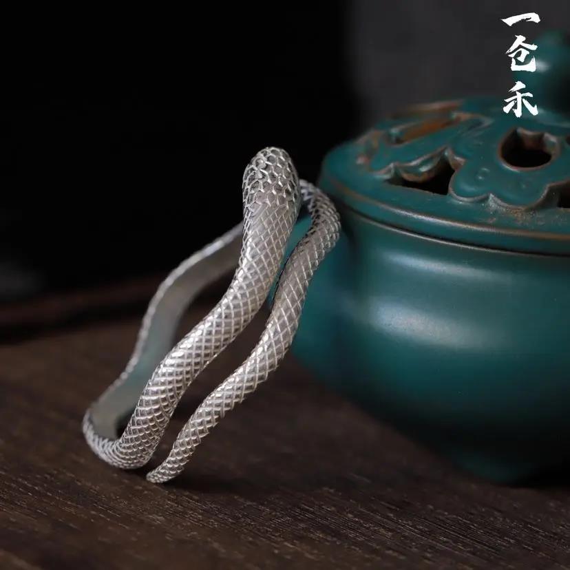足银手镯 原创设计纯手工999足银雪花白银蛇型异形实心银手镯女