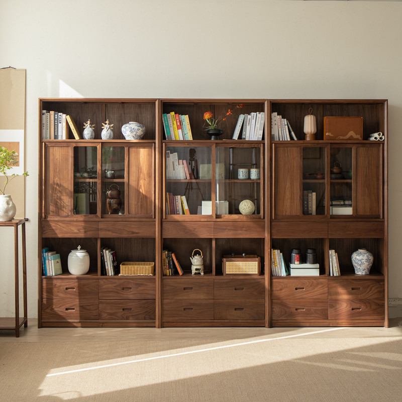 素人匠心实木书柜自由组合新中式书橱带玻璃门黑胡桃木客厅家用