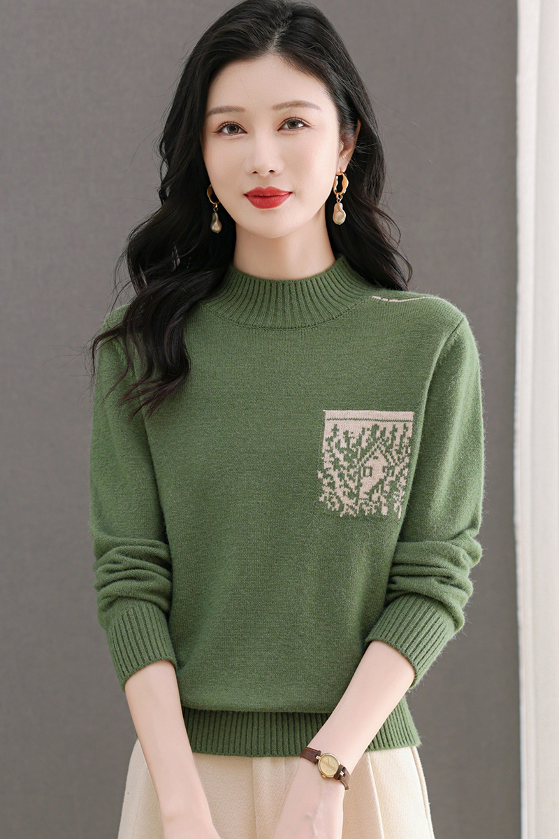 2024新款冬季女士半高领长袖洋气时尚宽松显瘦气质保暖针织打底