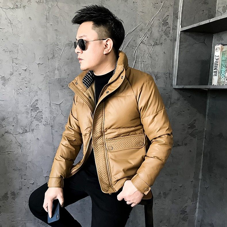 雅鹿2023冬装高档皮面加厚羽绒服男韩版修身立领短款保暖羽绒外套