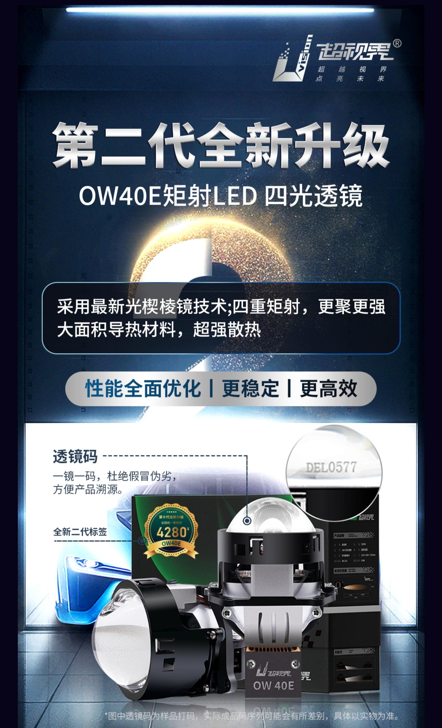 超世界0W40E矩射四光透镜