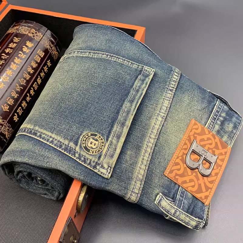 GOOMIL LEE春季款高端复古做旧牛仔裤男士款泥黄色修身小脚长裤