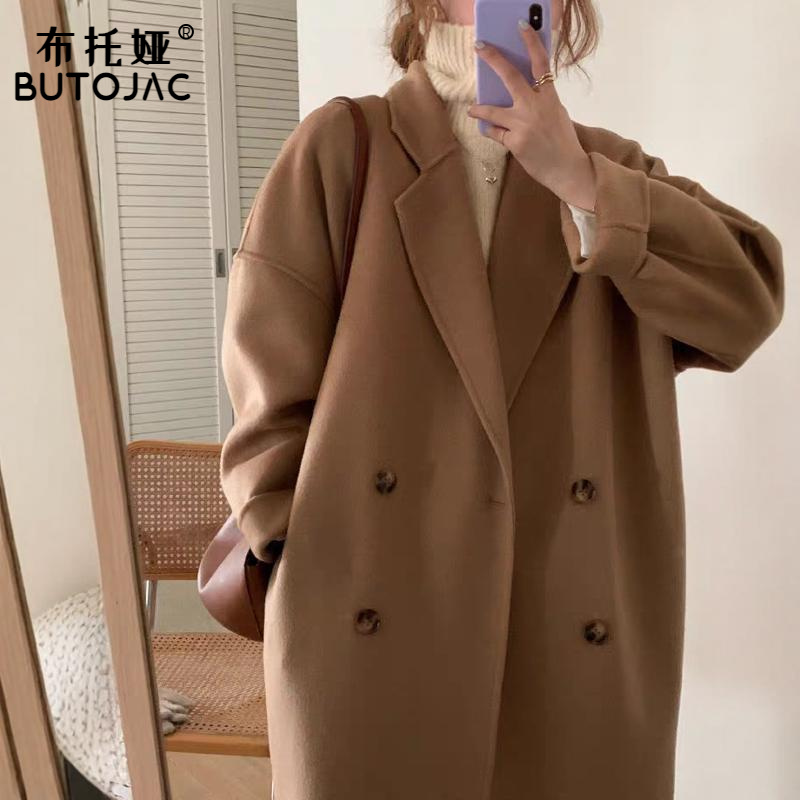 2025秋冬过膝双面双排扣驼色高端羊毛呢外套女气质显瘦百搭大衣