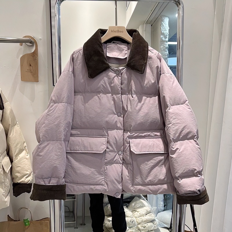 秋冬2024冬季新款韩版灯芯绒撞色羽绒服女短款韩系大口袋羽绒加款