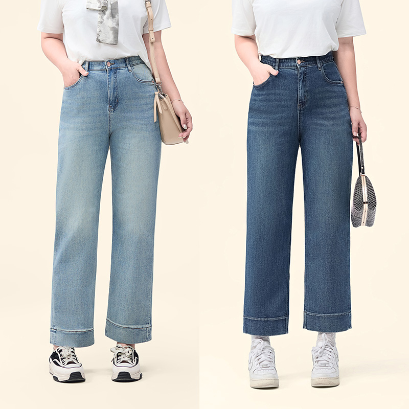 微胖苹果型梨型女装弹力牛仔裤修身直筒九分裤早春新款复古色