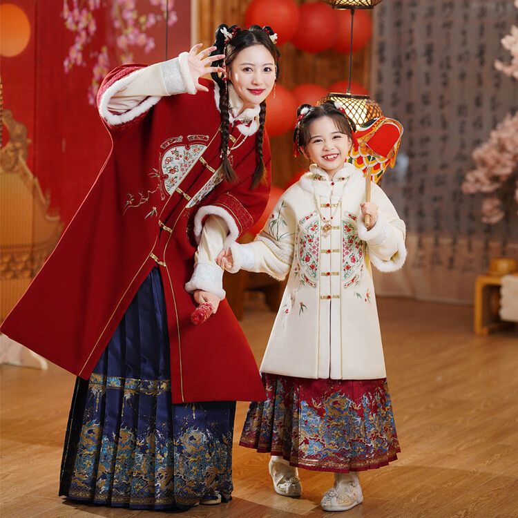 马面裙女童2023新款冬季唐装汉服套装中国风儿童古装连衣裙亲子装
