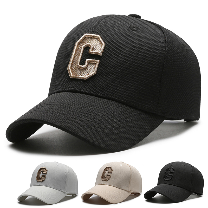 精工高品质菠萝布大C字母金线刺绣立体硬顶弯檐棒球帽男女同款