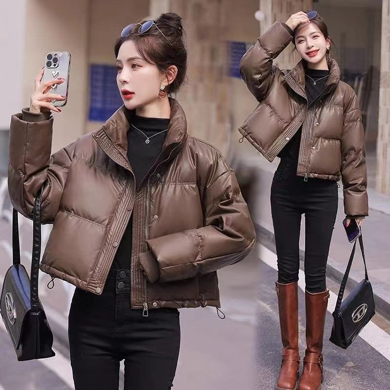 羽绒服女冬季免洗pu皮宽松加厚防风立领白鸭绒面包服外套2023新款