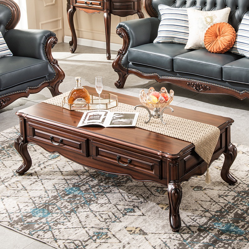 美式家具全实木茶几客厅组合电视柜黑胡桃木茶几带抽屉小户型欧式