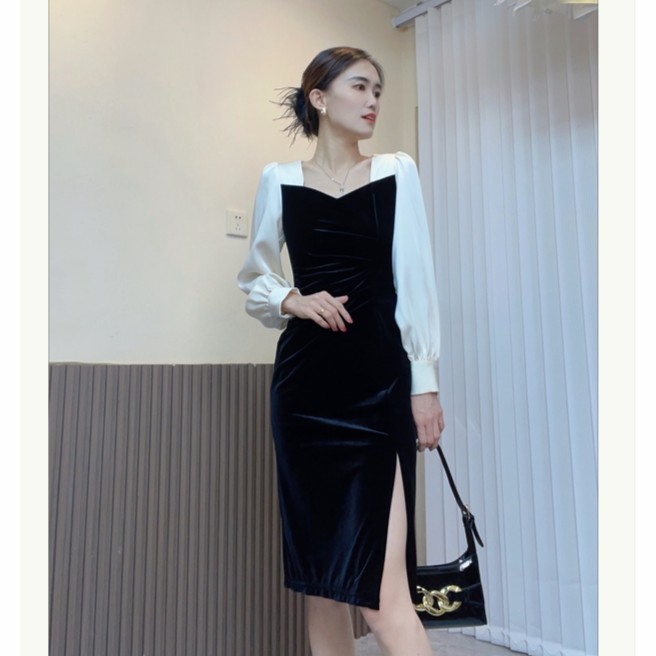 裙子秋冬丝绒拼接法式小个子小黑裙连衣裙遮肉显瘦复古长袖收腰