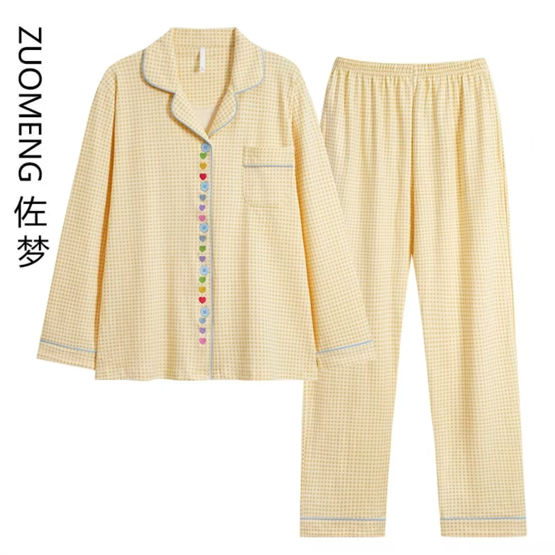 zuomeng/佐梦2026秋冬女士纯棉黄格刺绣彩爱心家居服套装睡衣613