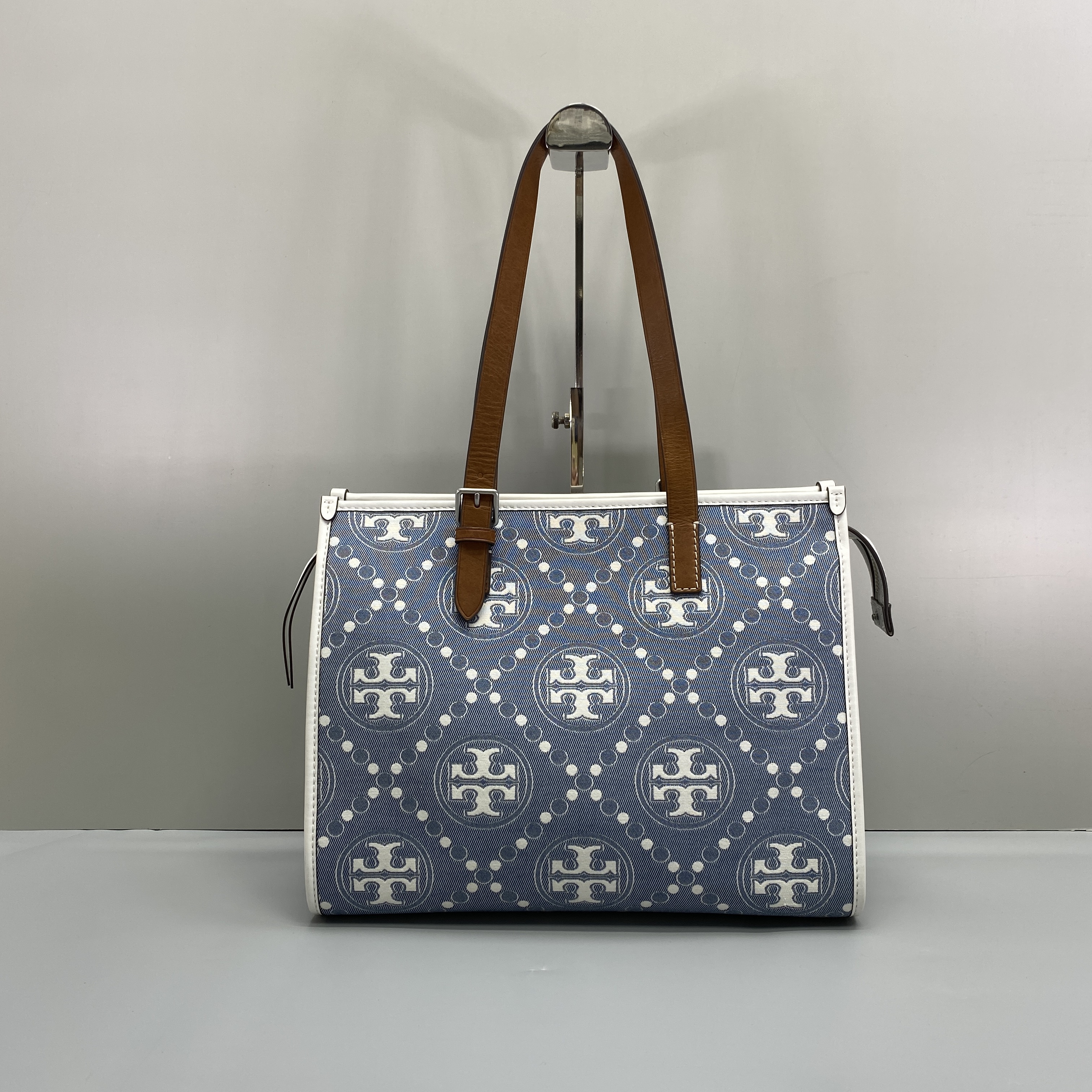 99新 TORY BURCH/汤丽柏琦 小林/白拼蓝帆布托特包34*26*13cmS