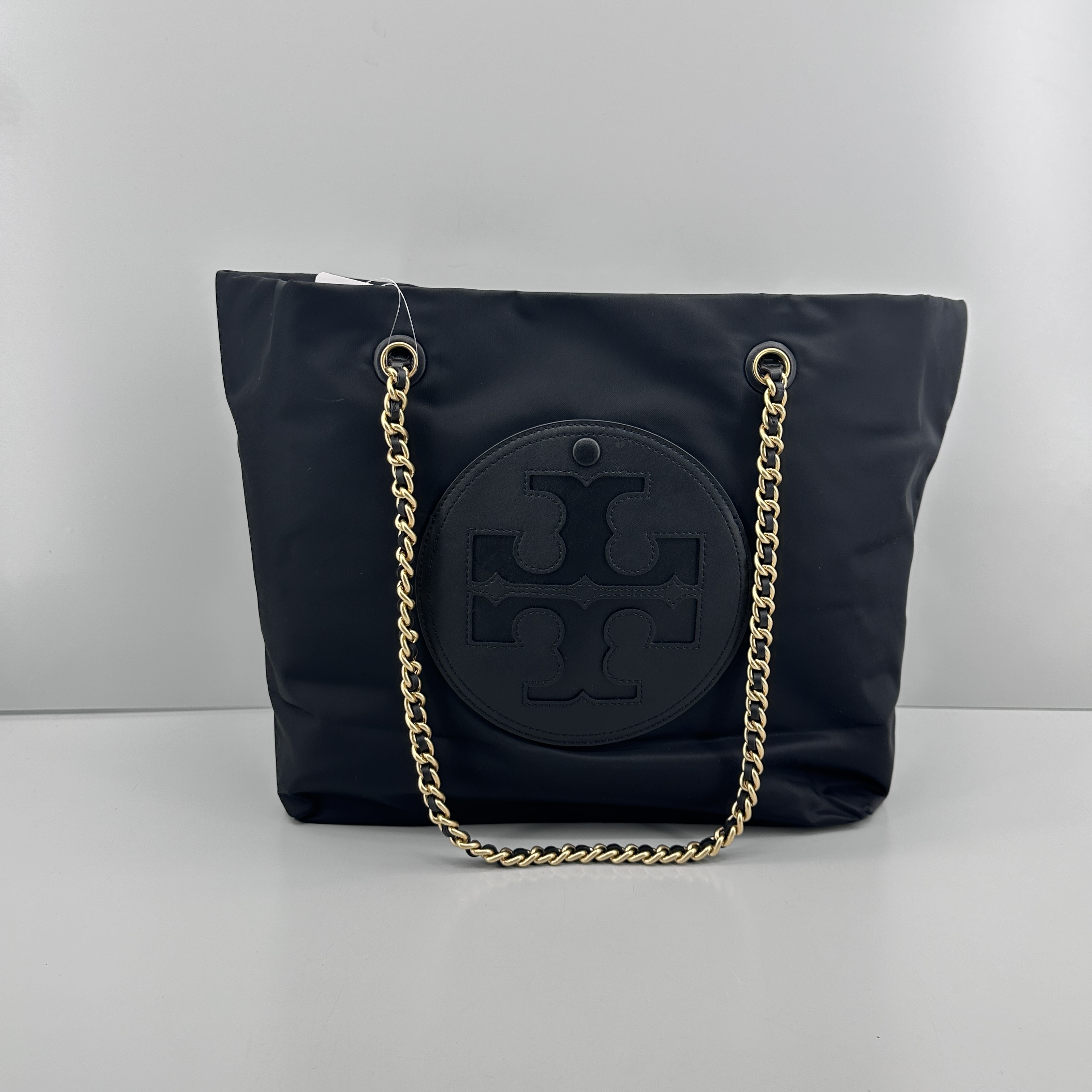 99新 TORY BURCH/汤丽柏琦 ella黑色链条尼龙大托特32x28x14cm
