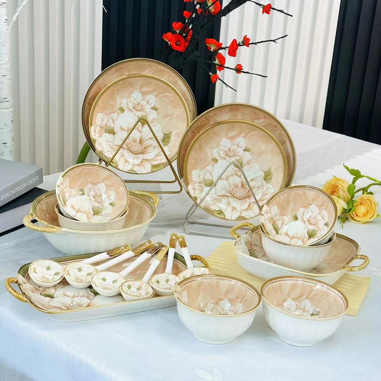 【山茶花19件套】碗碟套装家用2024新款餐具高颜值复古碗盘组合